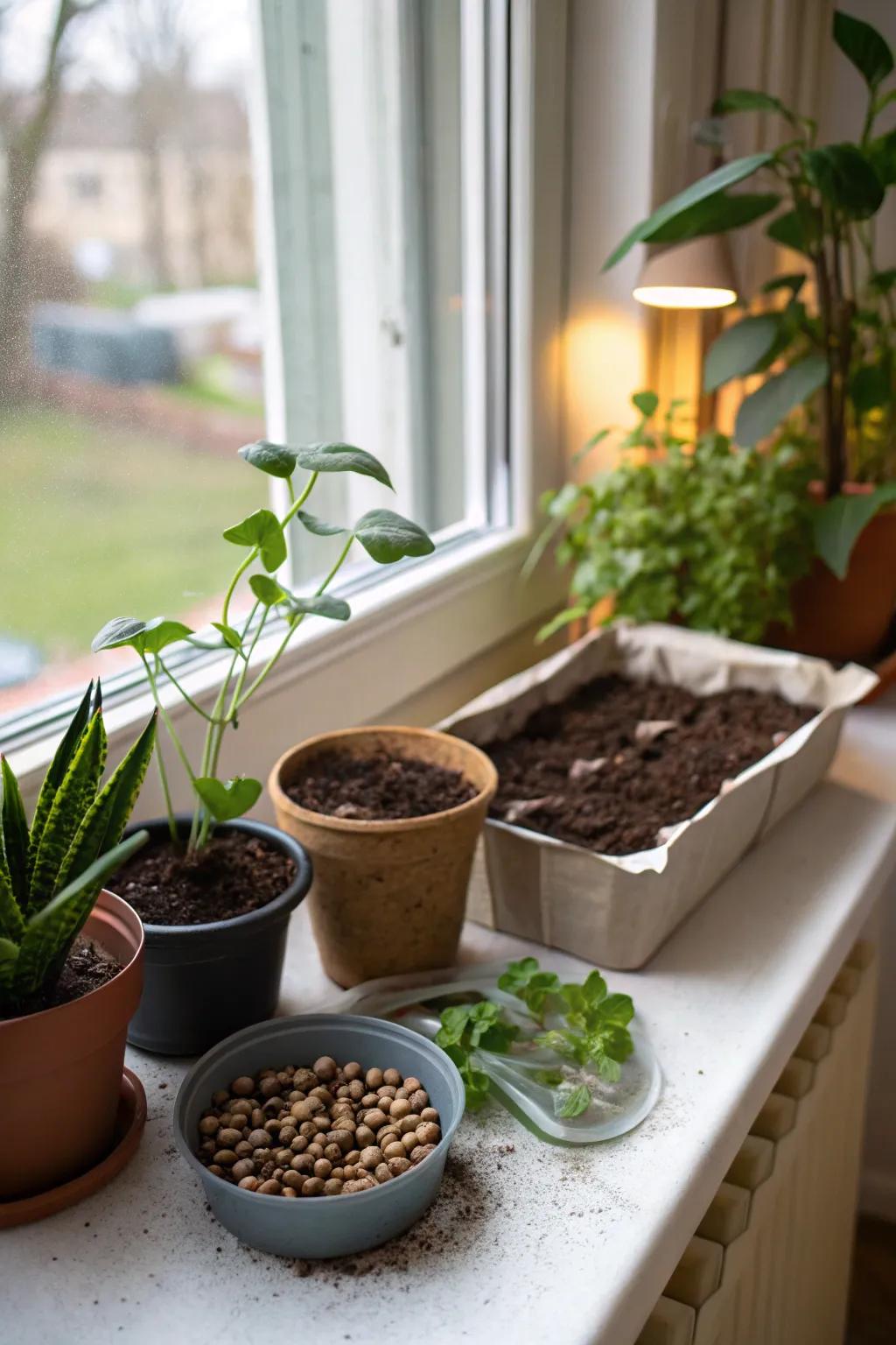 An indoor plant kit allows for easy gardening right at the desk.