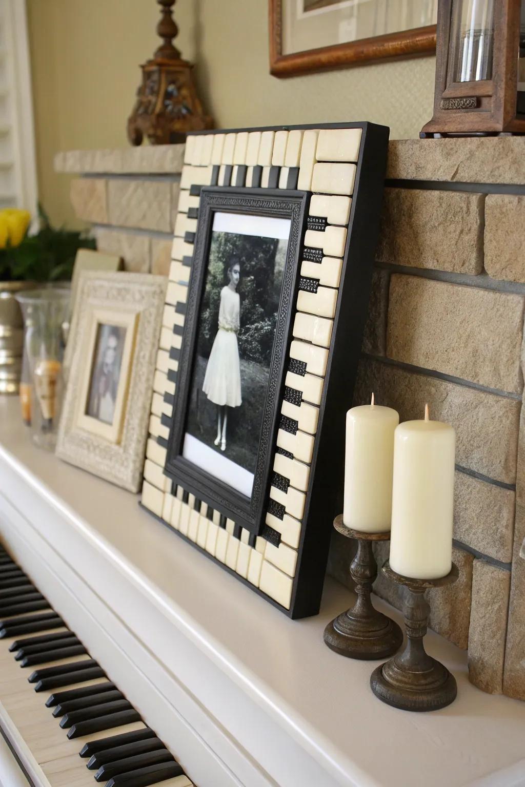 Capture memories with an upcycled piano key frame.