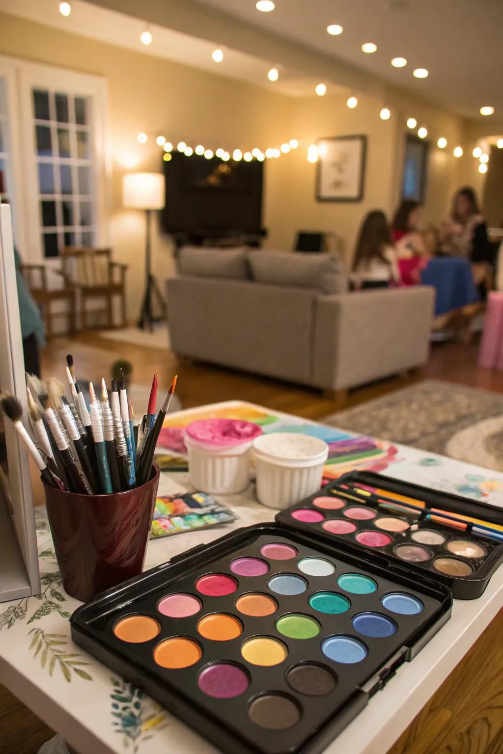 A lively face painting setup for colorful party fun.