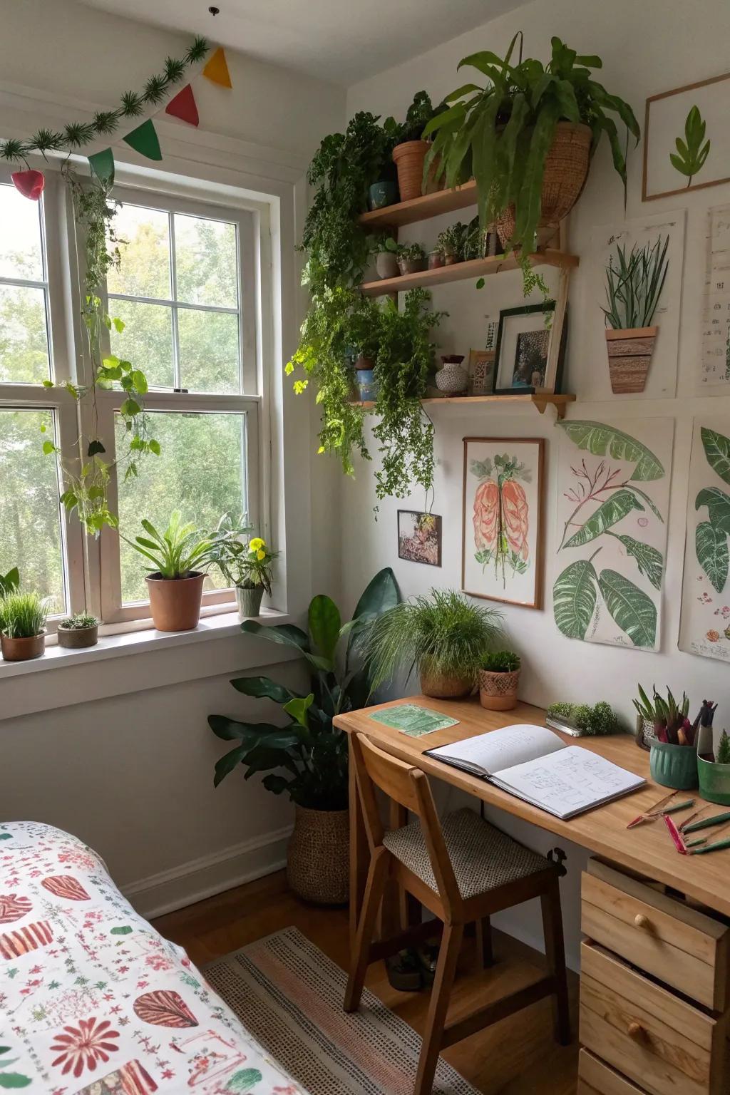 A girl's bedroom featuring plants and nature-themed decor for a serene feel.