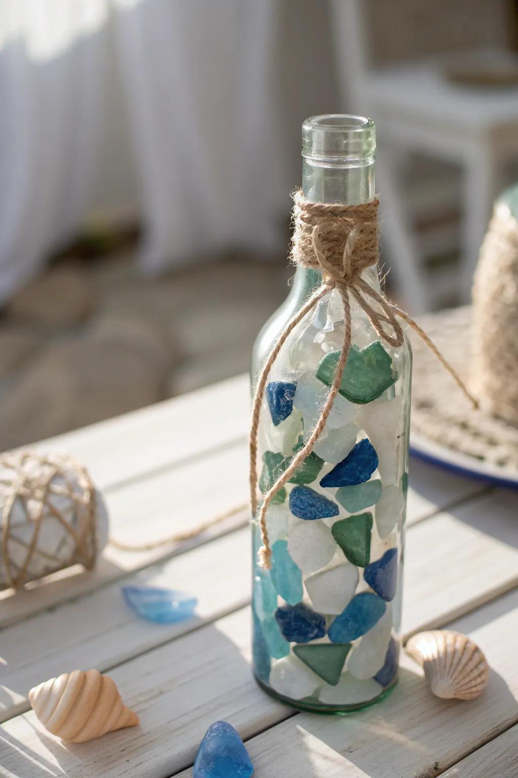 Embrace coastal charm with this handcrafted sea glass bottle, perfect for adding a touch of summer elegance to any space.