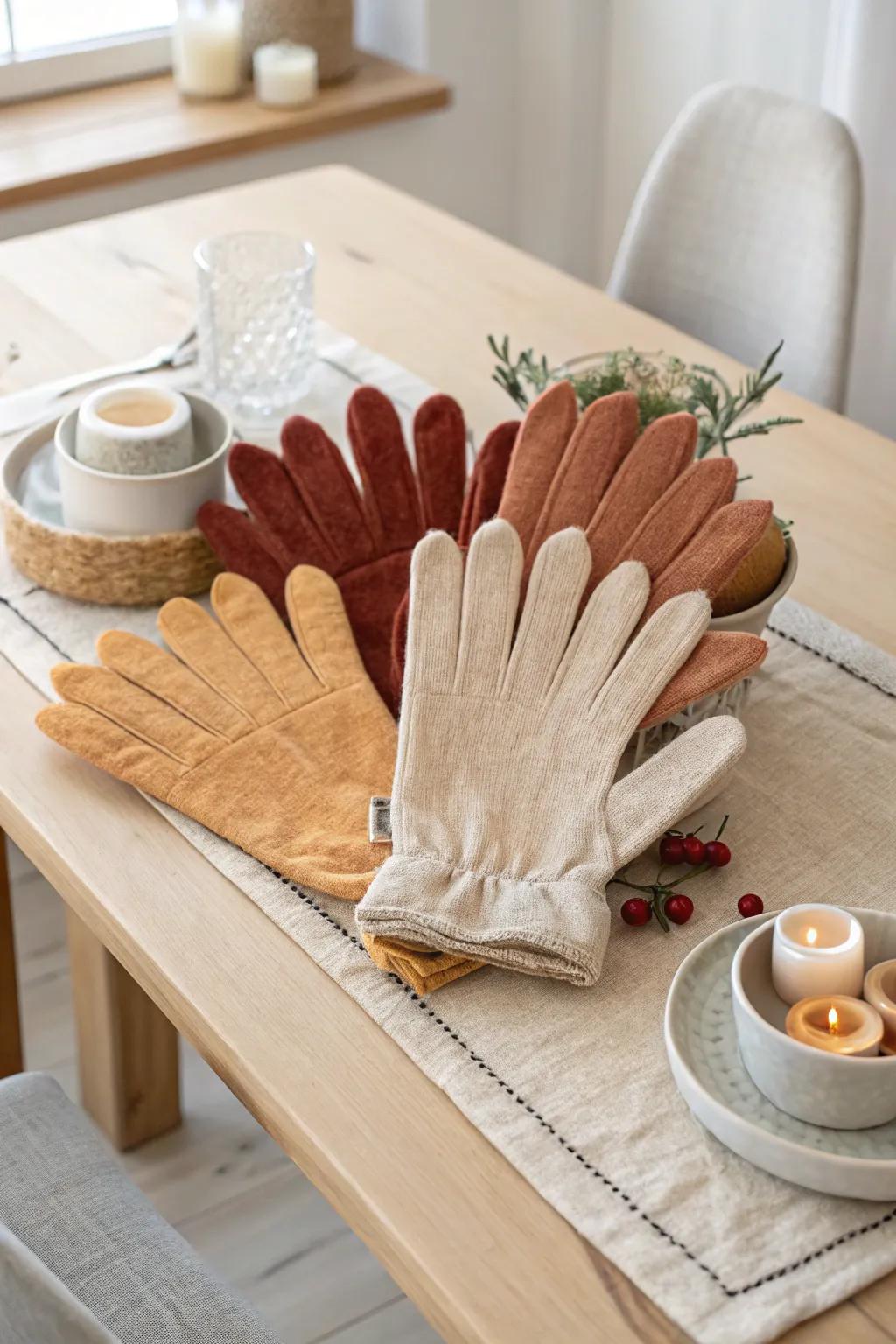 Add a touch of handcrafted charm to your holiday table with a unique turkey centerpiece using fabric gloves as tail feathers. #CraftedElegance #ScandiBoho