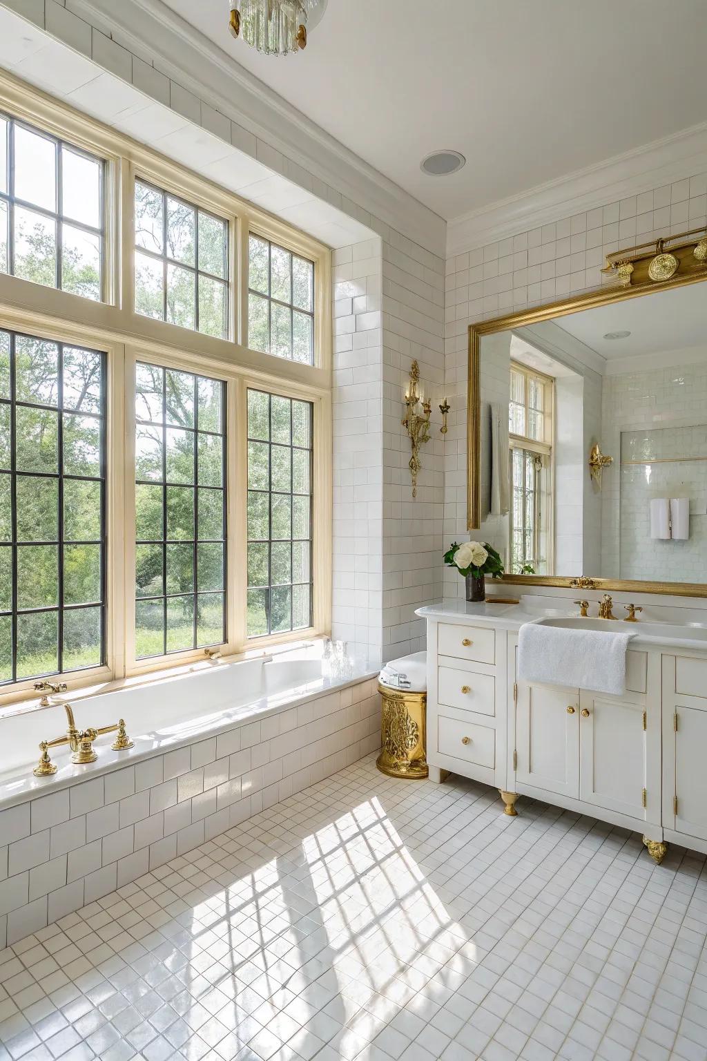 A bright and airy bathroom with luxurious gold details.