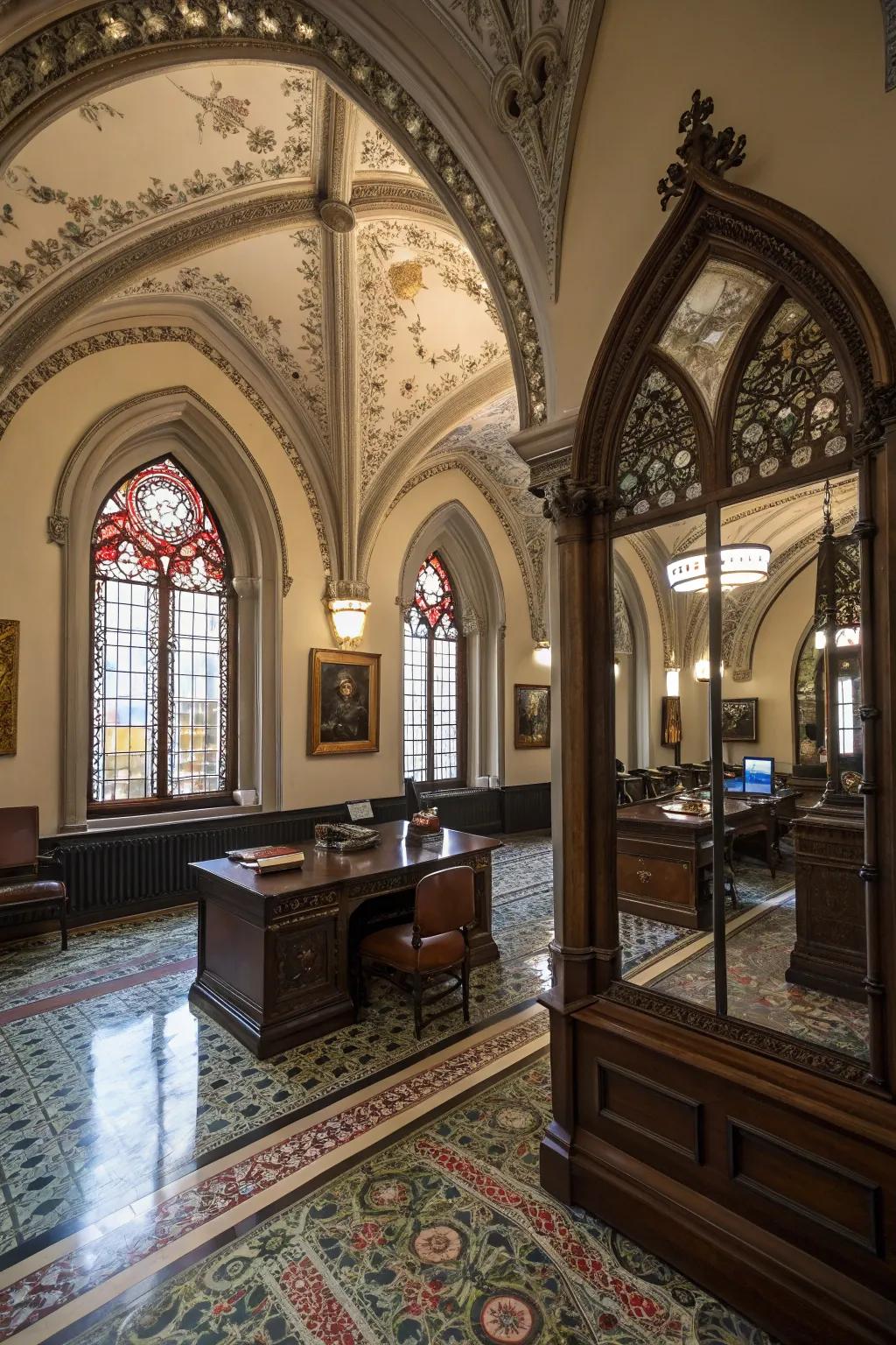 Arched mirrors add light and grandeur to a Gothic-themed office.