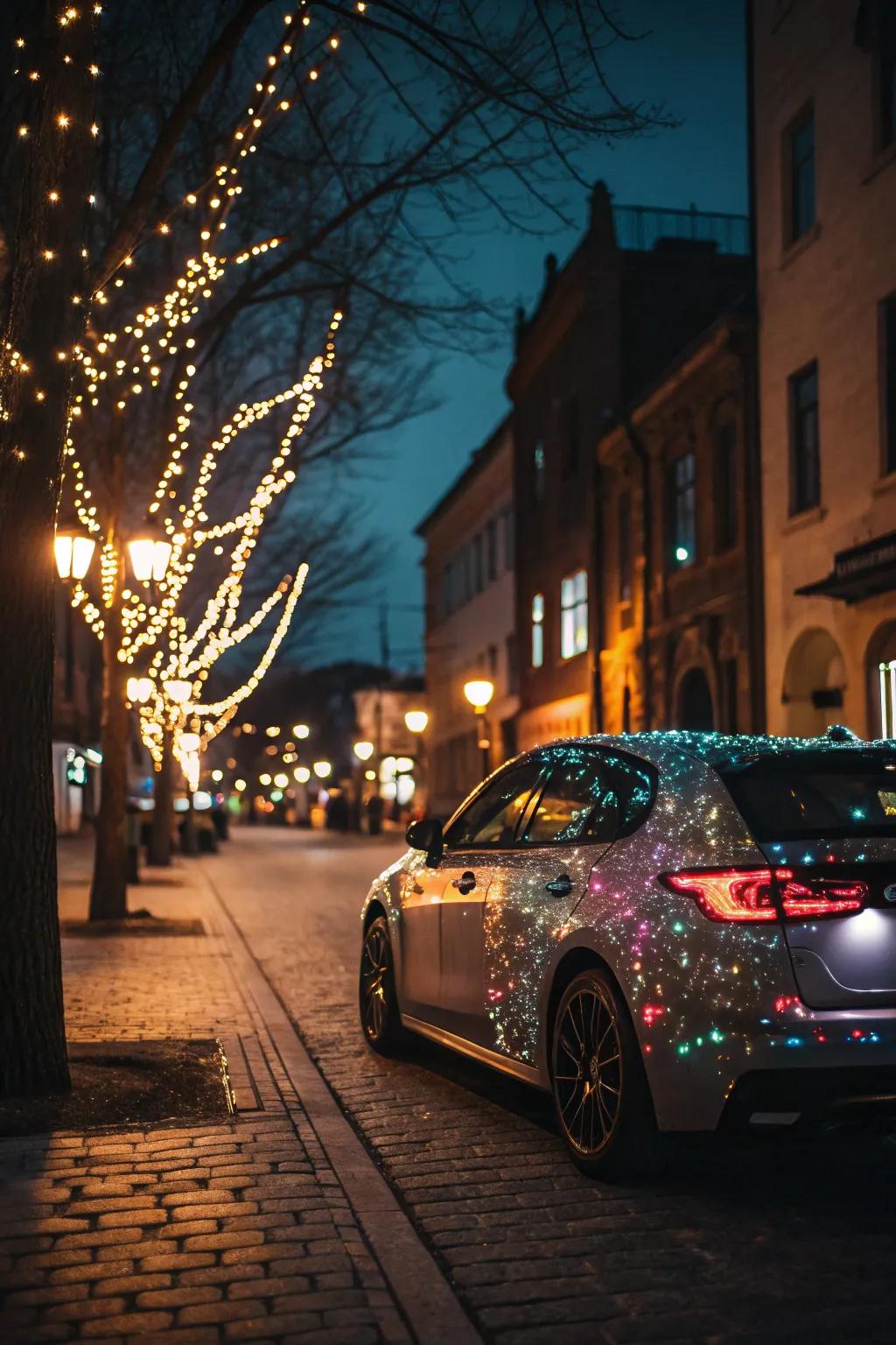 Light-up decals make cars sparkle during night celebrations.