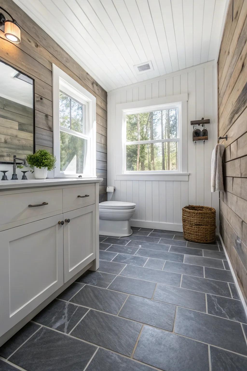 Gray tiles paired with shiplap create a balanced contrast.