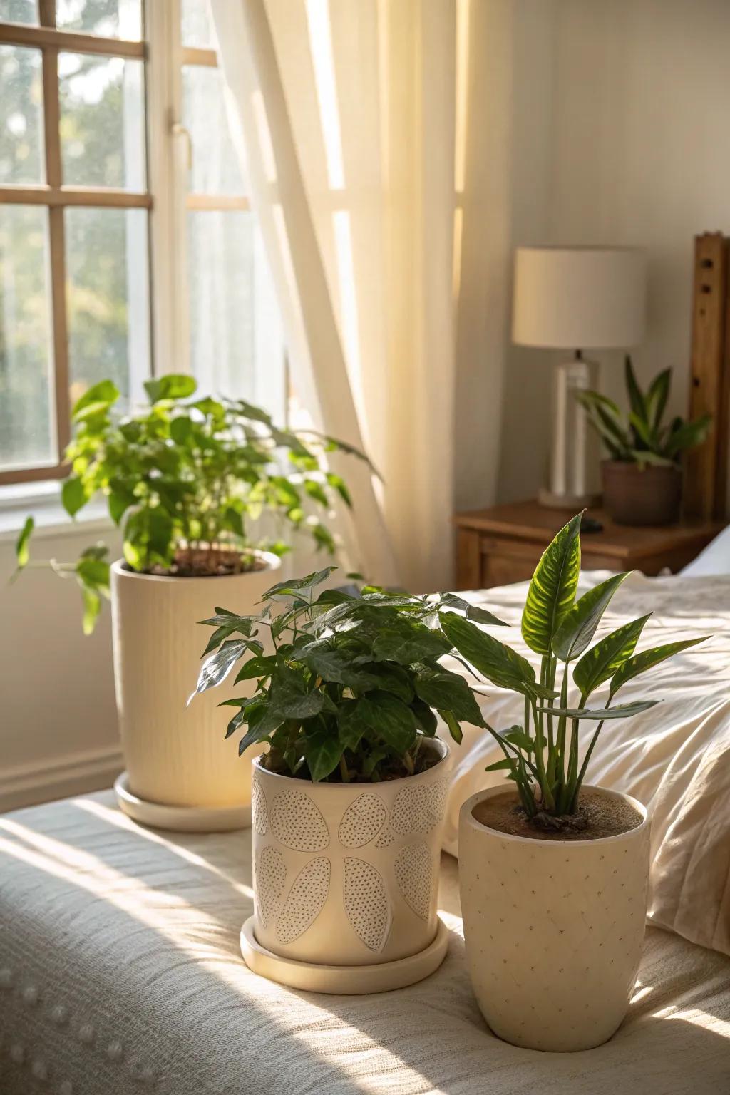 Green plants in cream pots bring life and vibrancy to the bedroom.