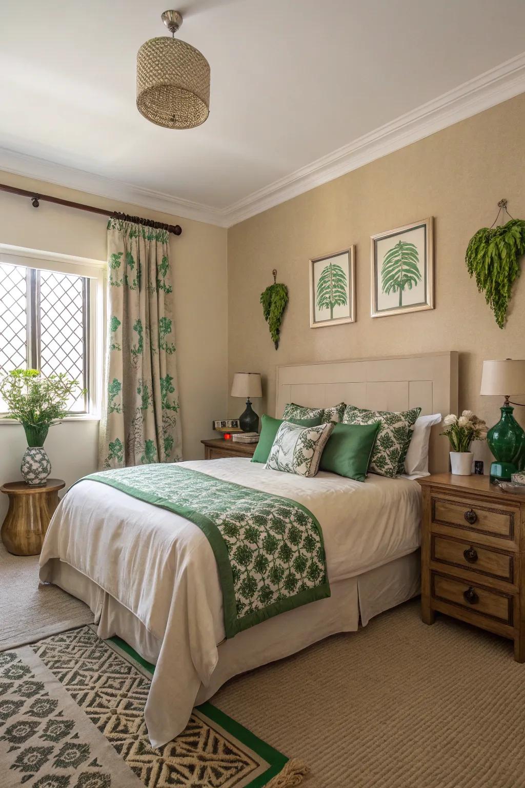 Tan walls paired with green accents create a balanced and serene atmosphere.