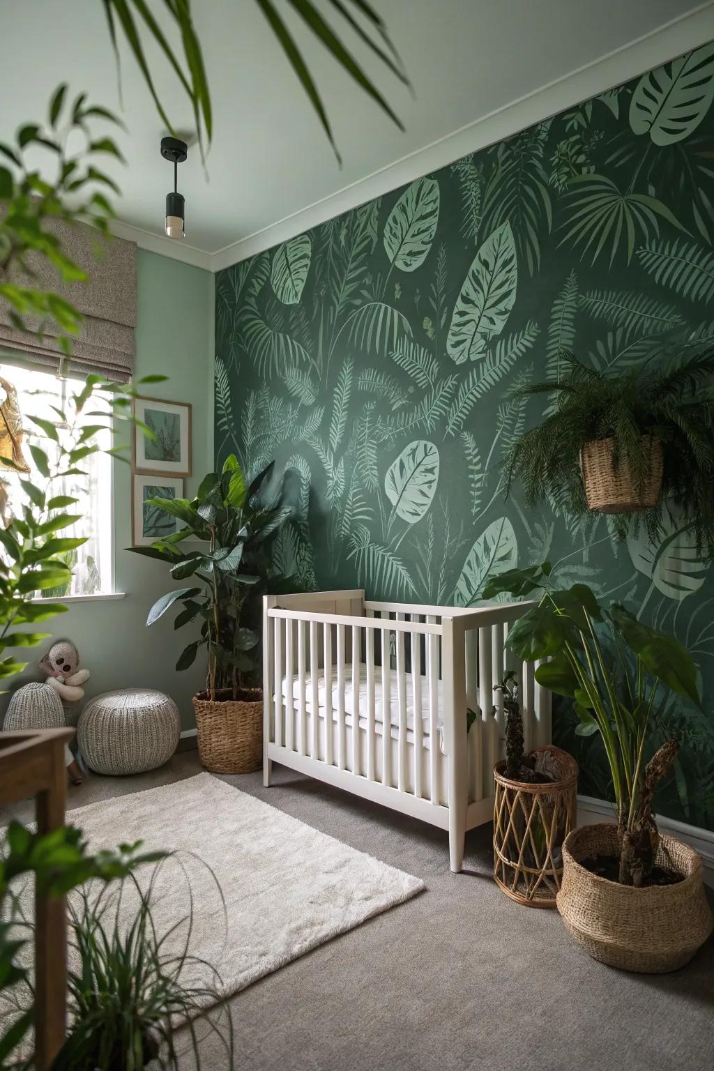 An upscale nursery with a moody green jungle theme.