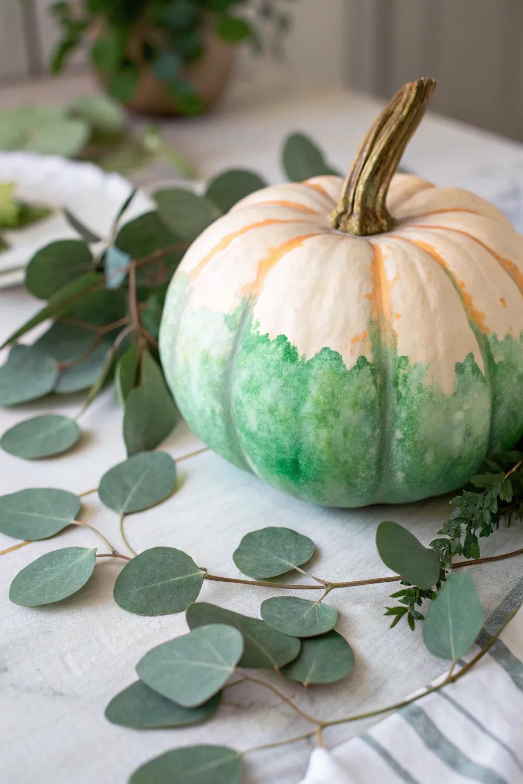 Dreamy green watercolor wash pumpkin, perfect for earthy dining decor.