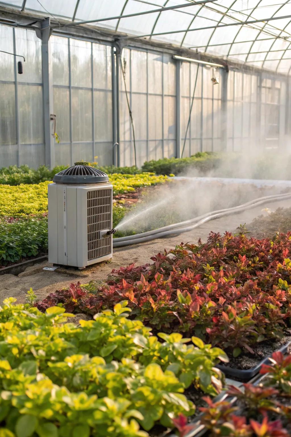 An evaporative cooler in a greenhouse, providing cool, moist air for thriving plants.