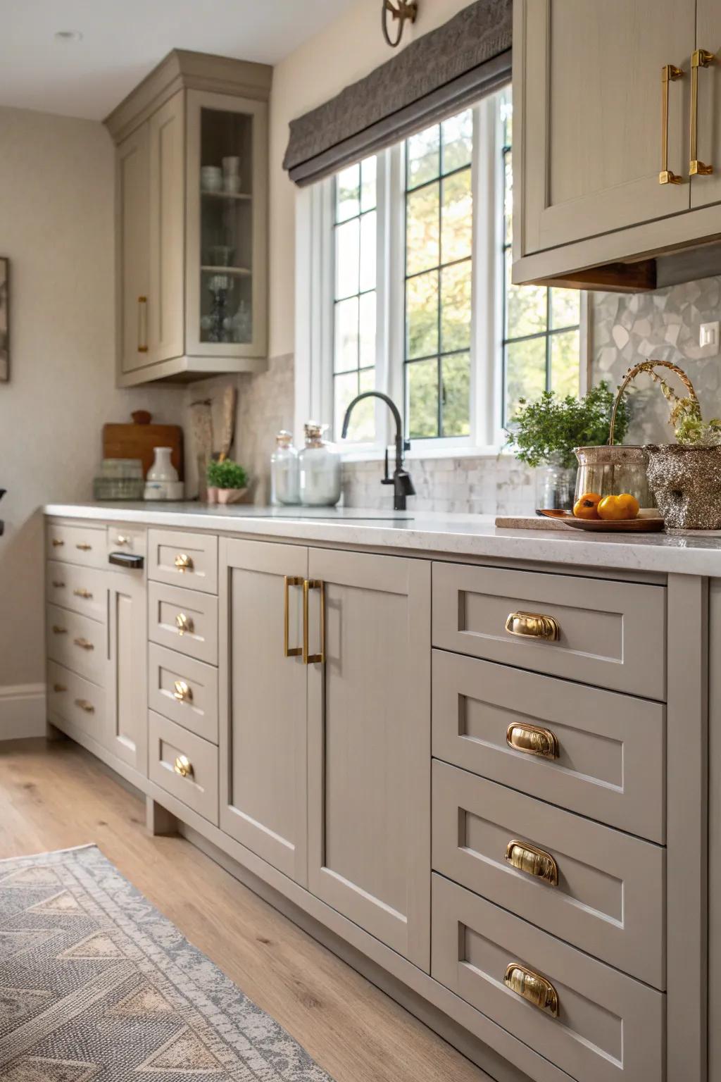 Mixing hardware in grey and beige can refresh a kitchen's look.