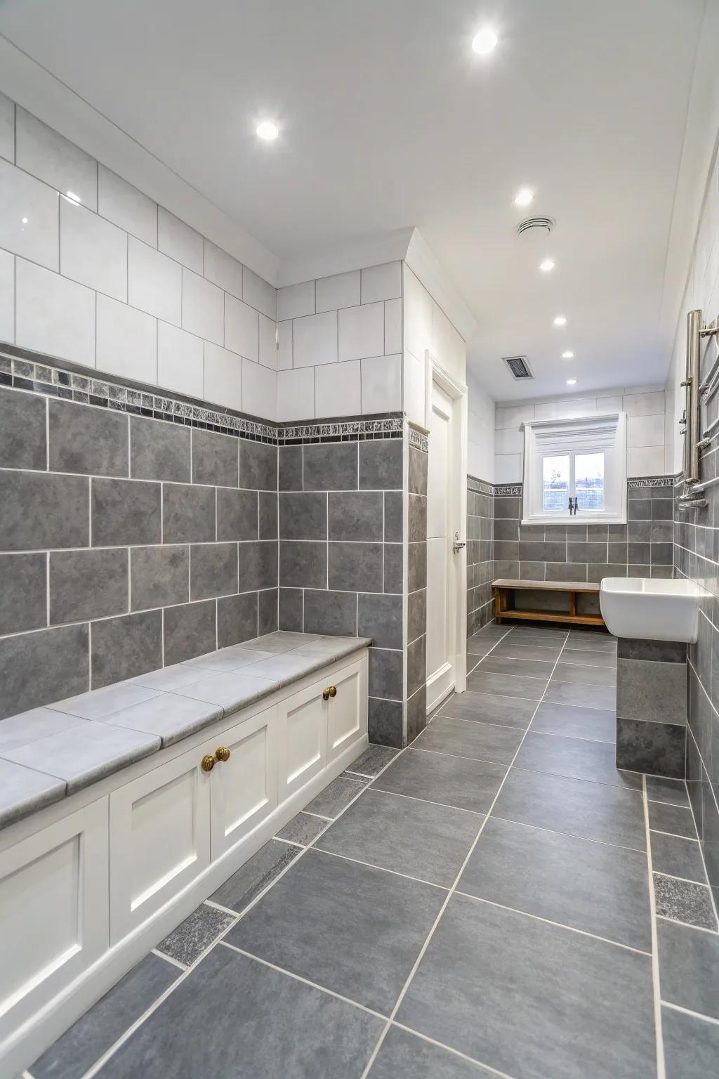 Large gray tiles add a modern, sophisticated touch to a bathroom.