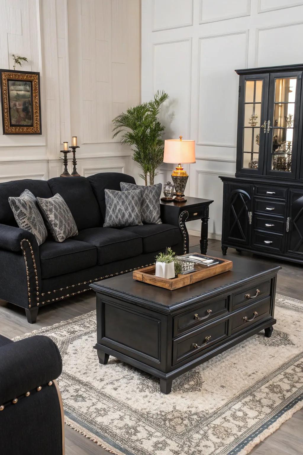 Black furniture adding sophistication to the living room.