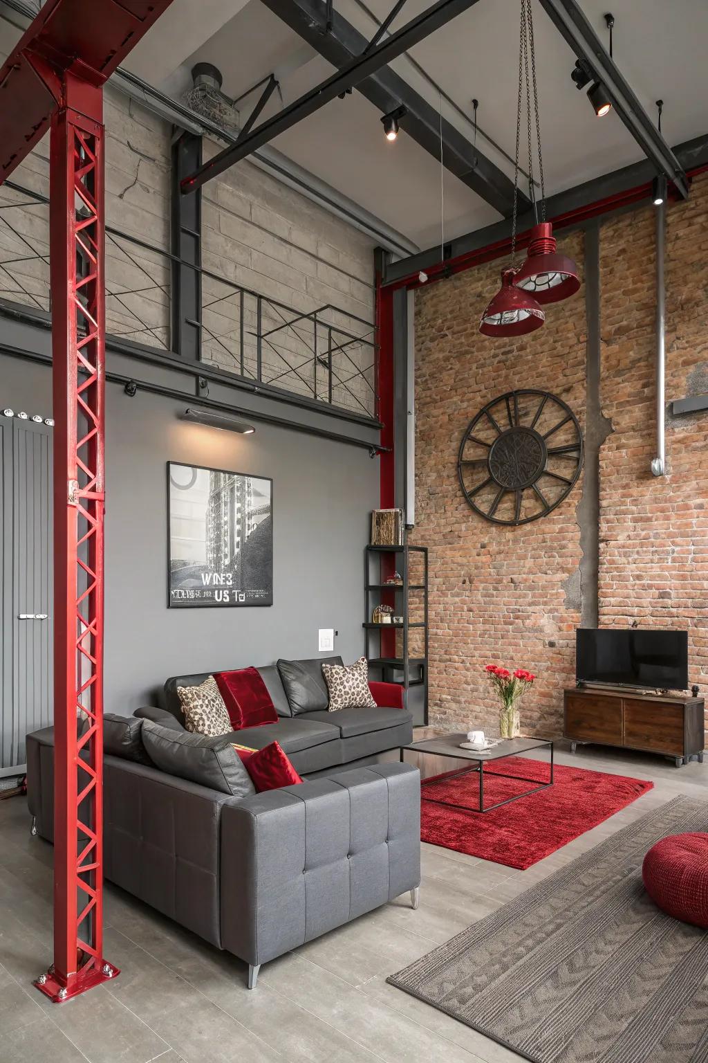 Industrial elements add an edgy vibe to this modern living room.