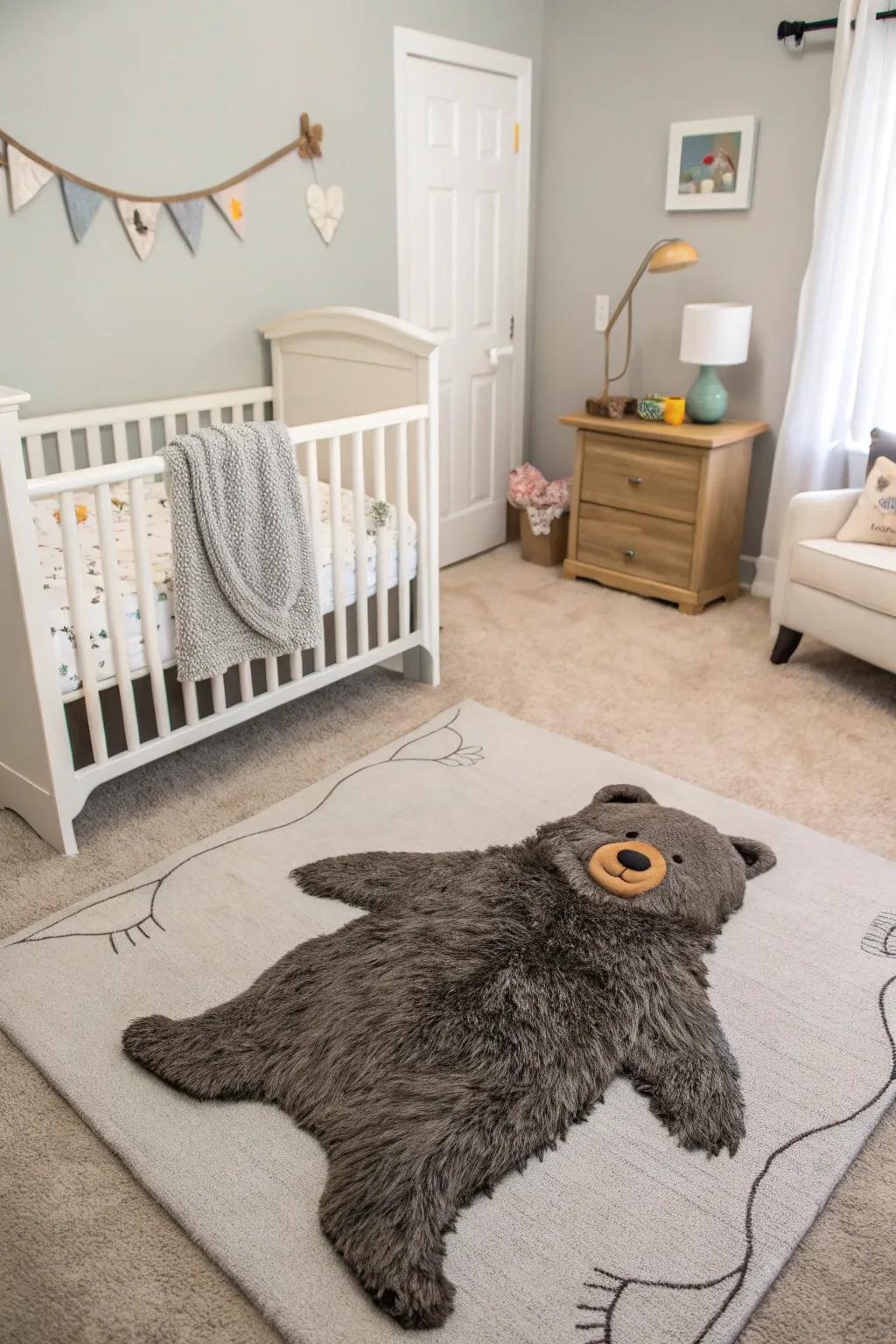 A statement rug adds whimsical charm to a grey nursery.