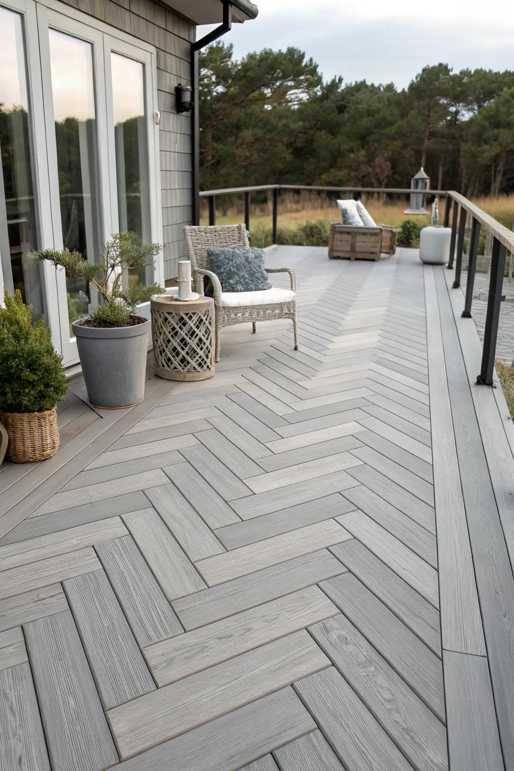 A grey deck featuring a striking geometric herringbone pattern.