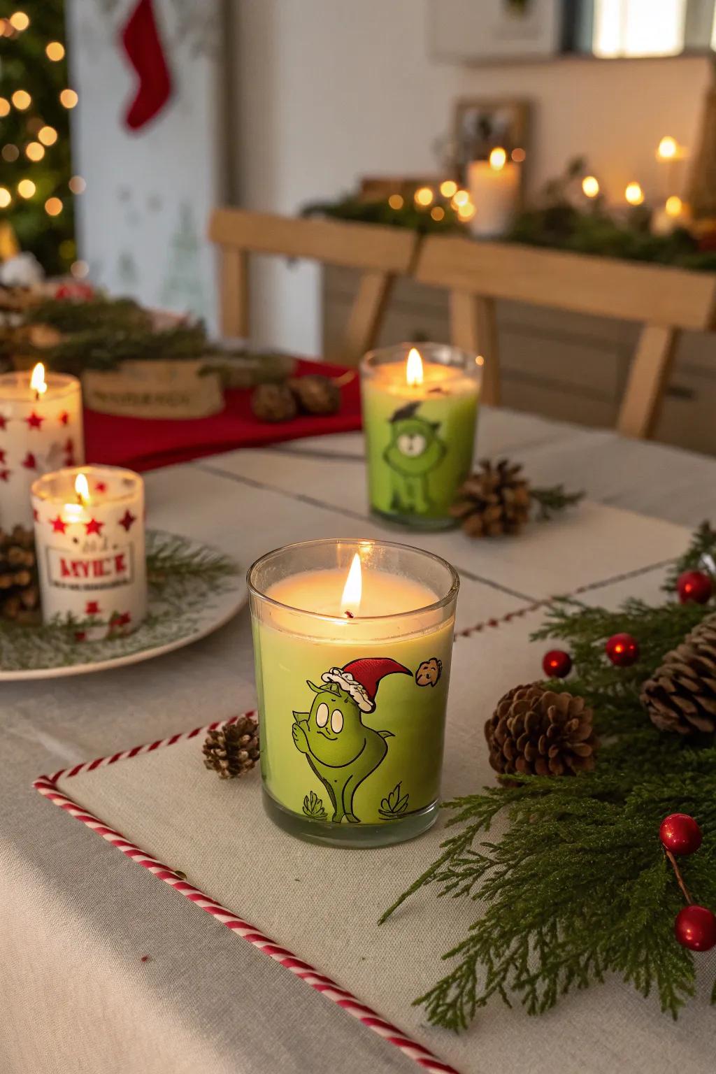 Grinch-themed candles casting a warm glow on the festive table.