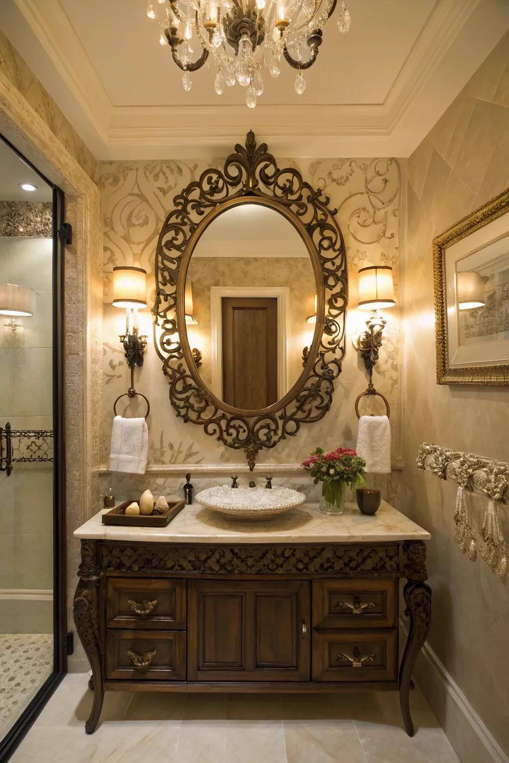 A statement mirror adds flair to the decor.