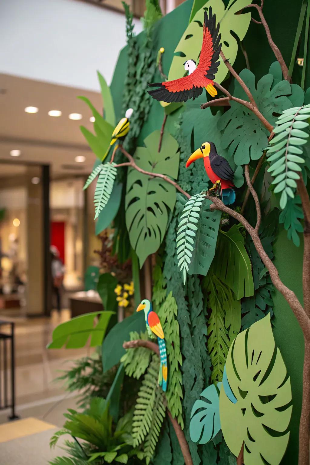 A lush rainforest habitat diorama bursting with color and life.