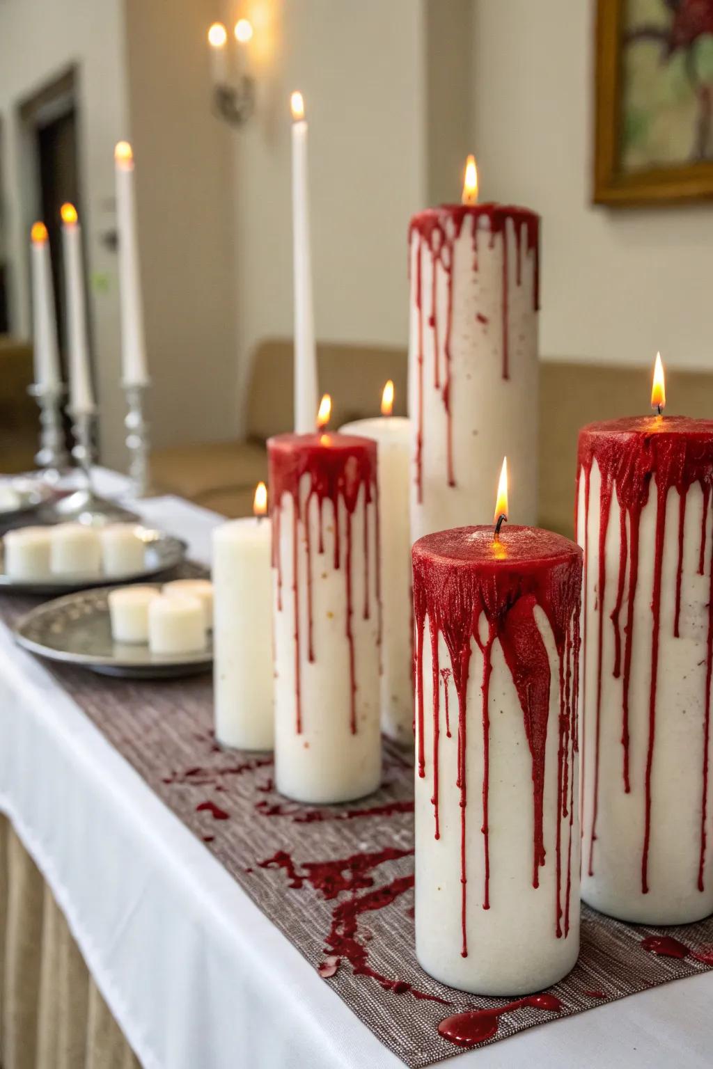 Candles dripping with red wax create an eerie Halloween centerpiece.