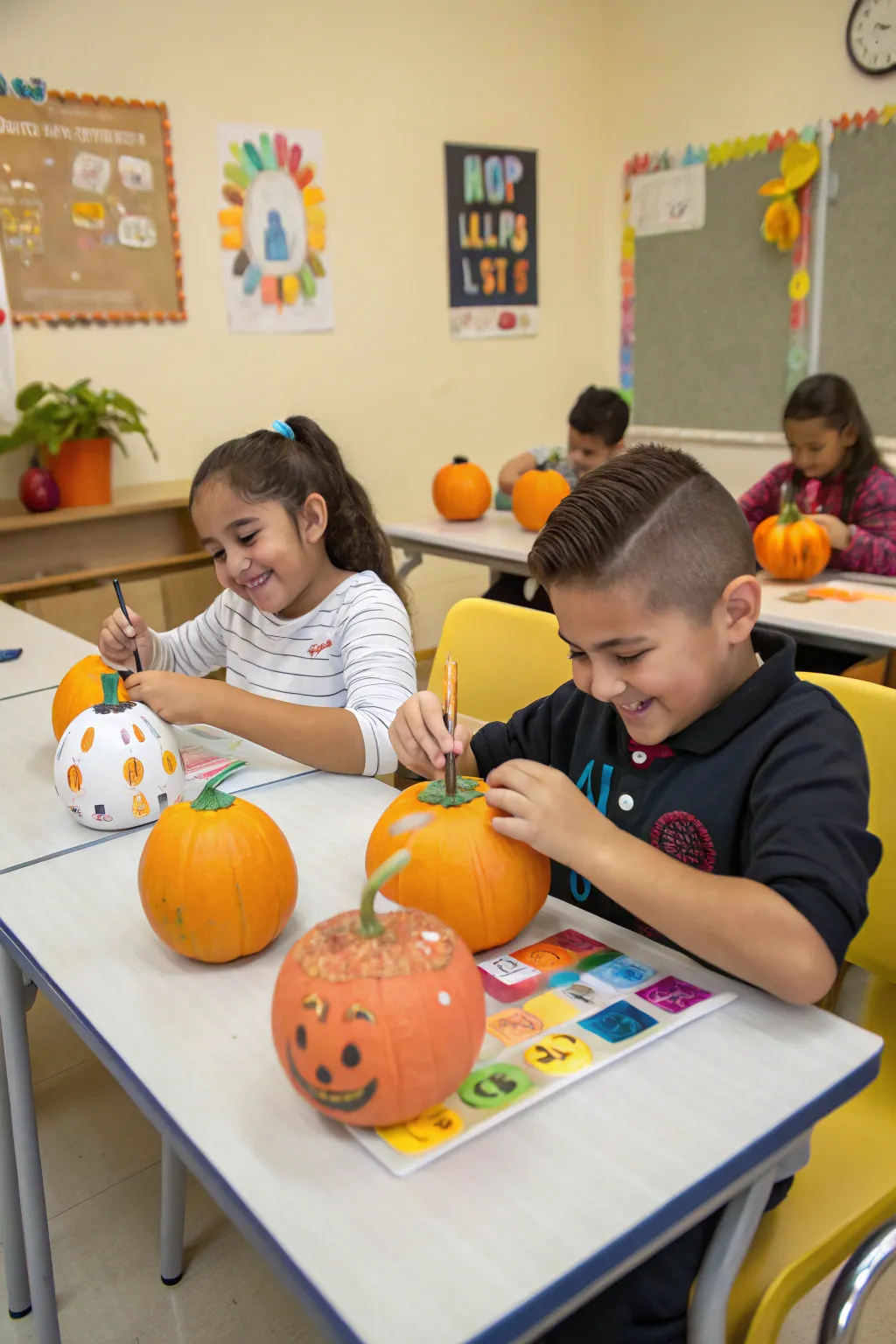 Kids decorating pumpkins at a Halloween class party