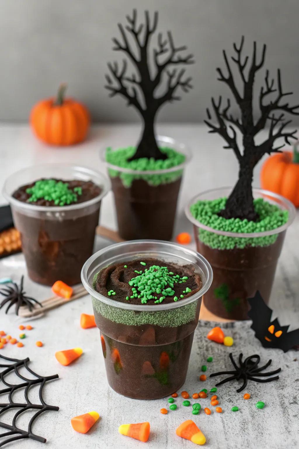 Haunted forest cups offering a spooky and delectable experience.