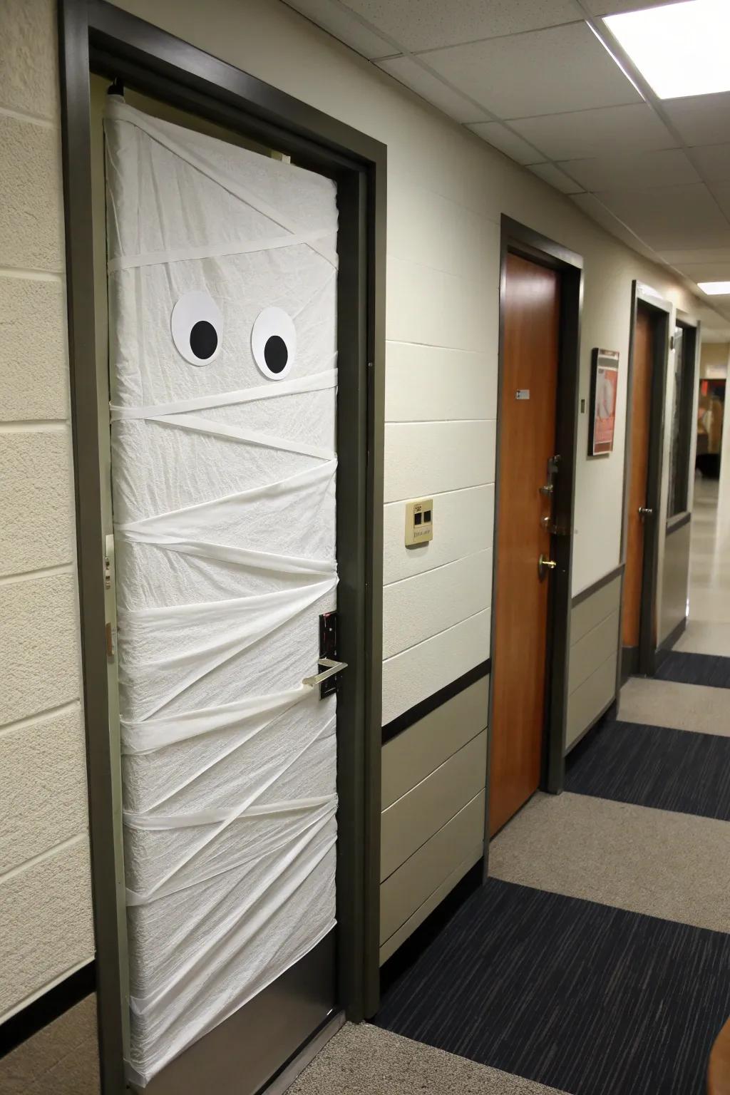 Give your door a spooky mummy makeover with simple white crepe paper.