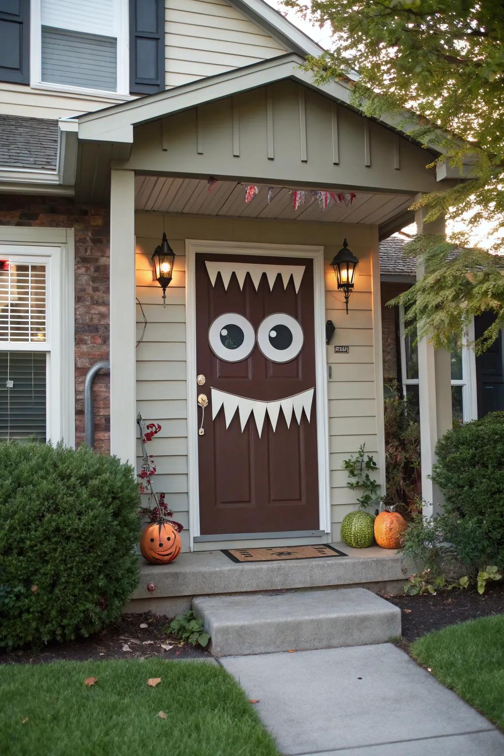 A monster mouth door is sure to delight young trick-or-treaters.