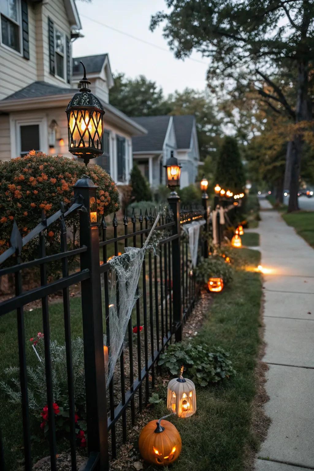 Lanterns add a mystical glow to your Halloween fence.