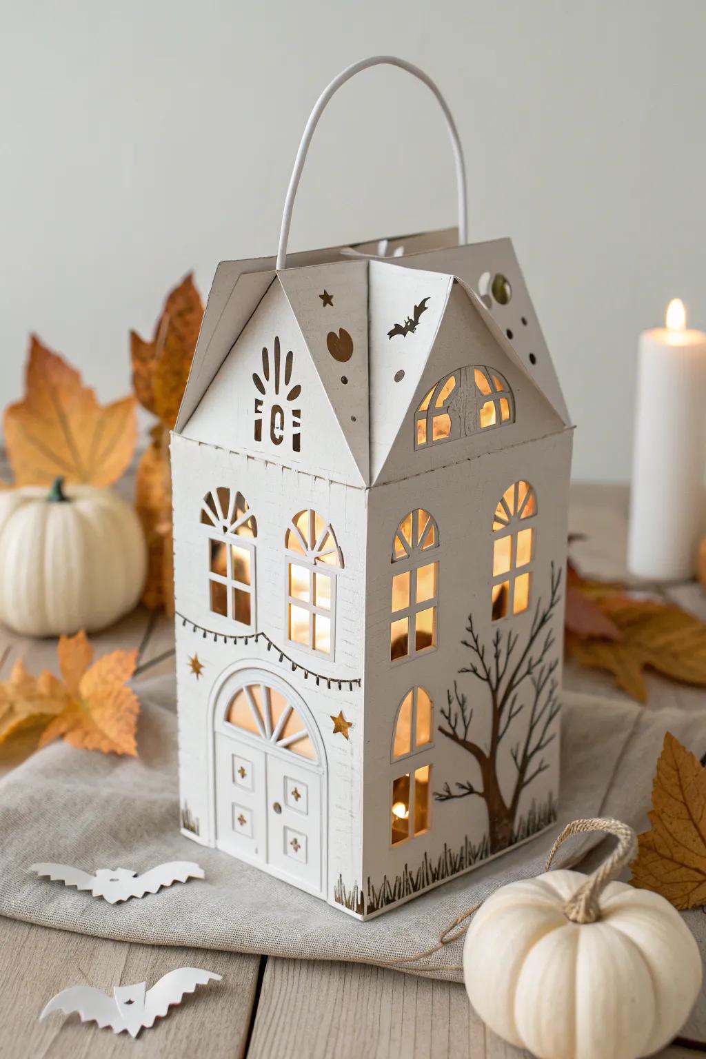 Craft a spooky yet charming Halloween haunted house with this minimalist paper bag design that enchants with every detail.