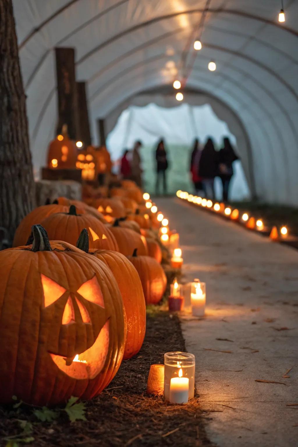 A pumpkin pathway adds a warm and inviting touch to your Halloween tunnel.