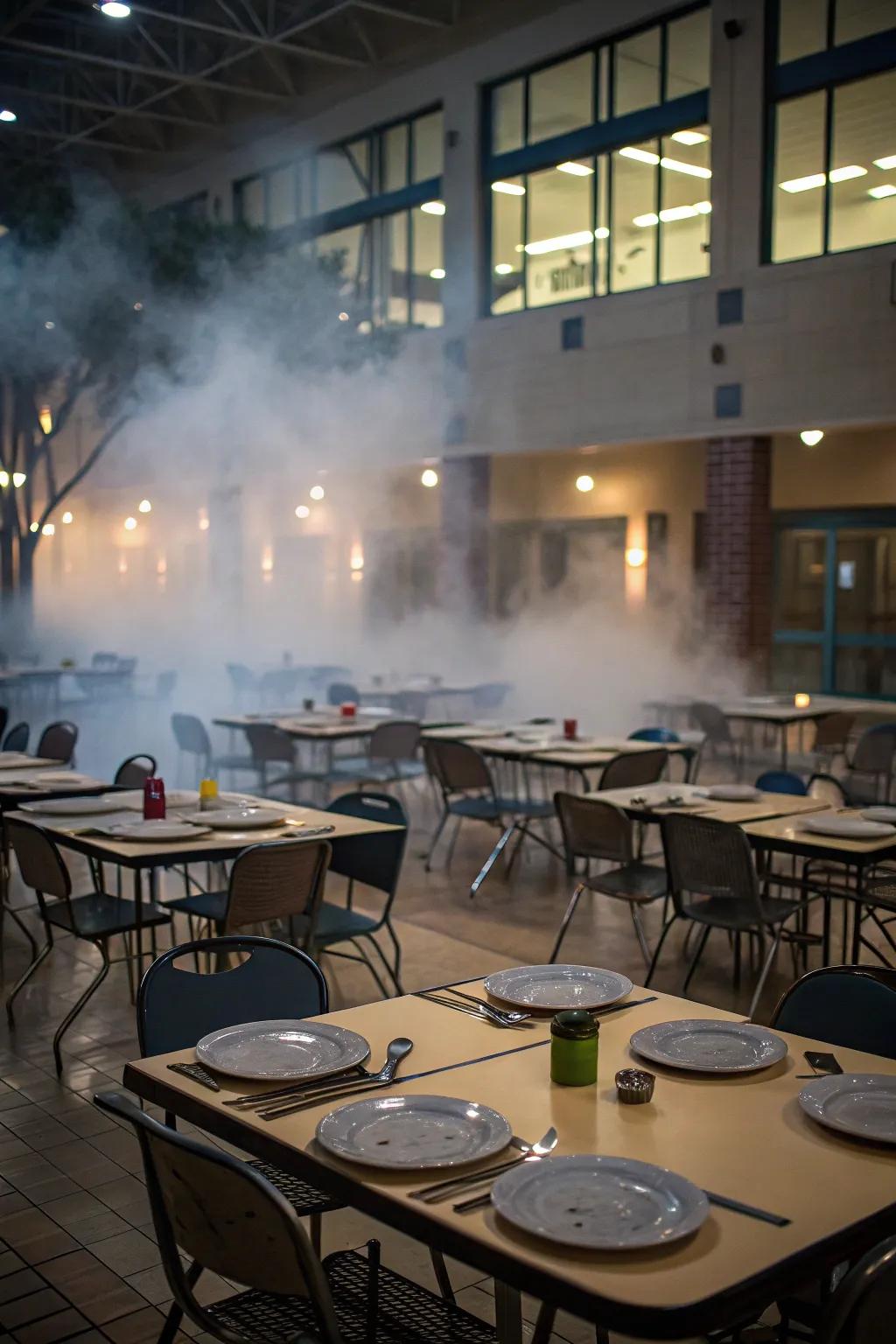 A cursed cafeteria with haunted dining tables and eerie mist.