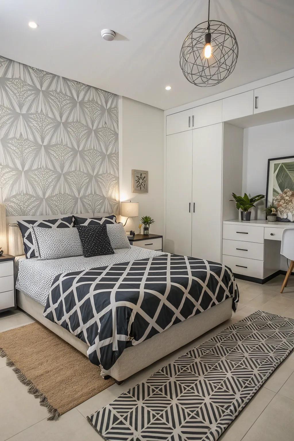 Bold geometric patterns add a contemporary edge to your Hawaiian-themed bedroom.