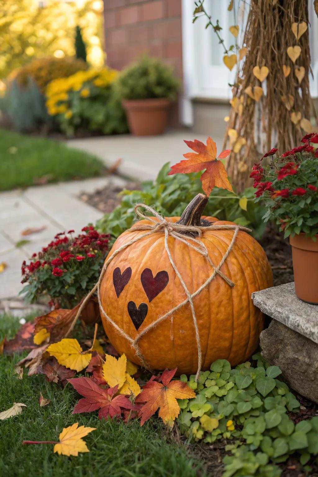 Rustic Heart Eyes Pumpkin in a Garden Setting