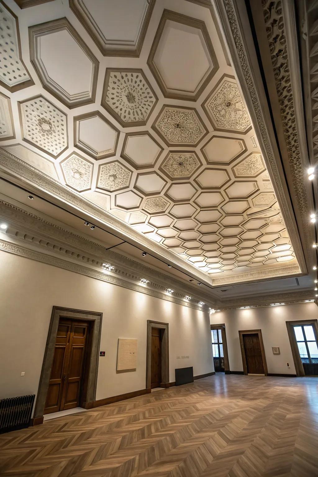 Hexagon ceiling panels create a stunning overhead design.