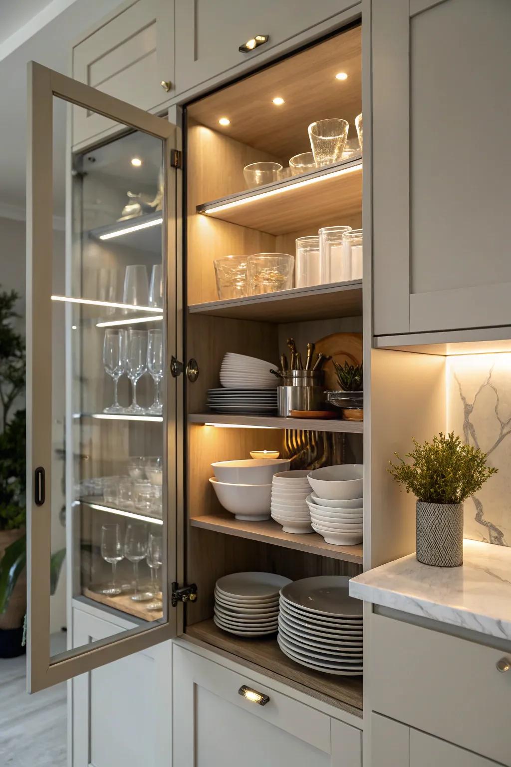 A kitchen cabinet interior featuring hidden lighting.