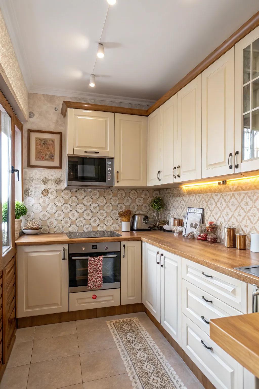 Cabinet doors can keep your microwave hidden while maintaining a unified kitchen look.