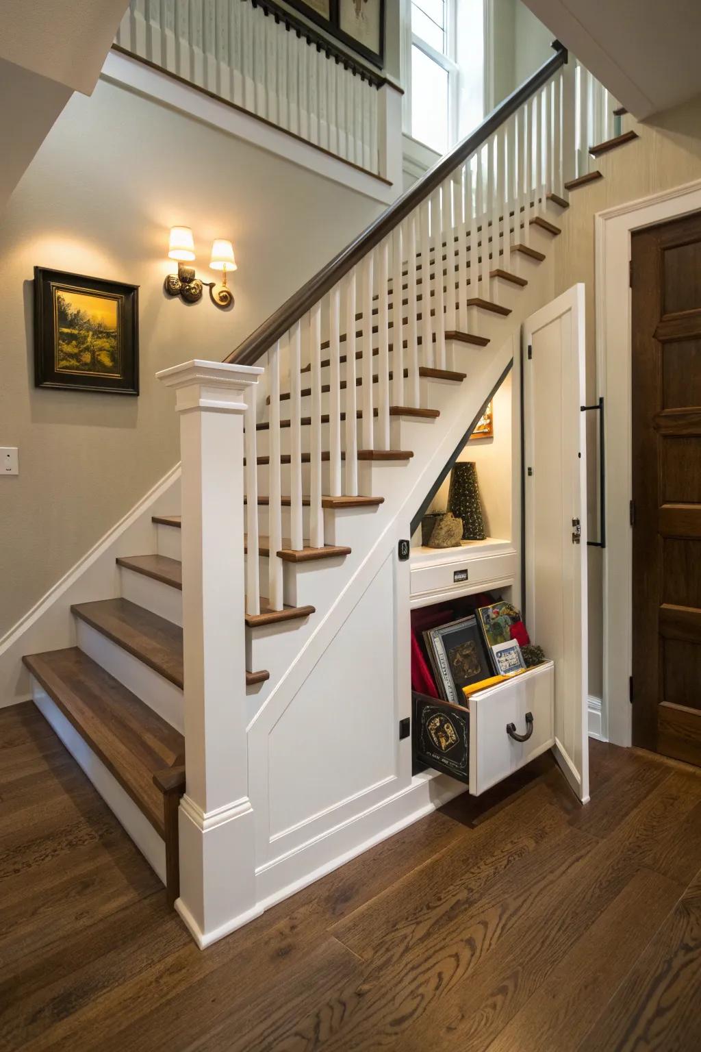 A hidden pocket door beneath the stairs provides clever storage.