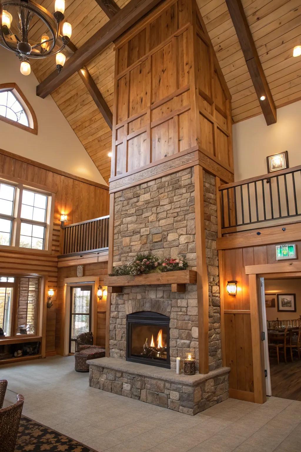 Wooden cladding adding warmth and texture to a high-ceiling fireplace.