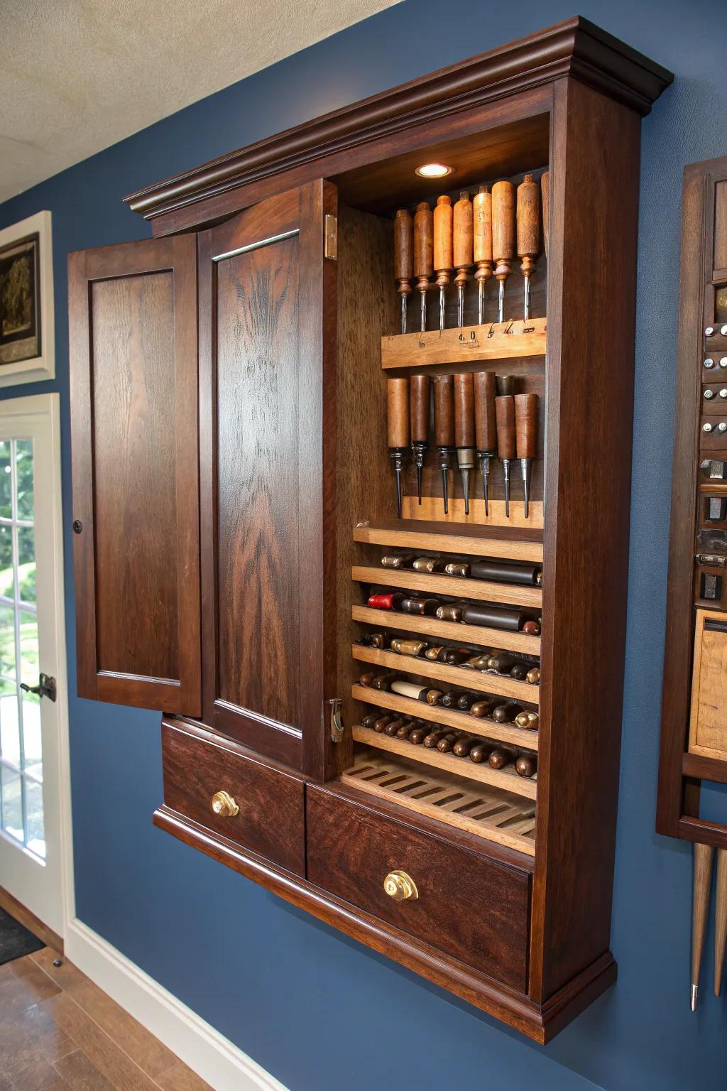 Elevate your workspace with a handcrafted wall-mounted cabinet, where precision meets style.