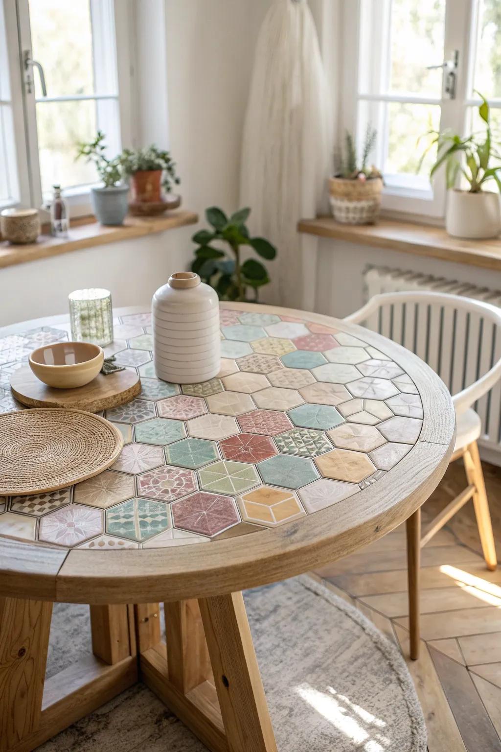 Elevate your space with a stunning honeycomb mosaic tabletop—where artistry meets minimalist elegance.