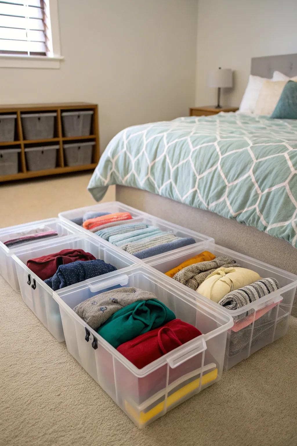 Under-bed storage containers keep hoodies organized and out of sight.