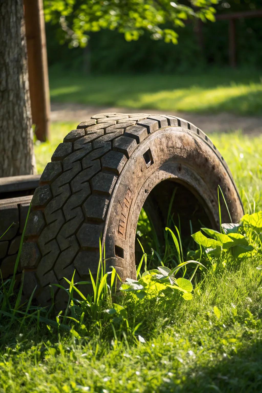 Innovative craftsmanship: A recycled tire brings a unique twist to the backyard horseshoe pit.