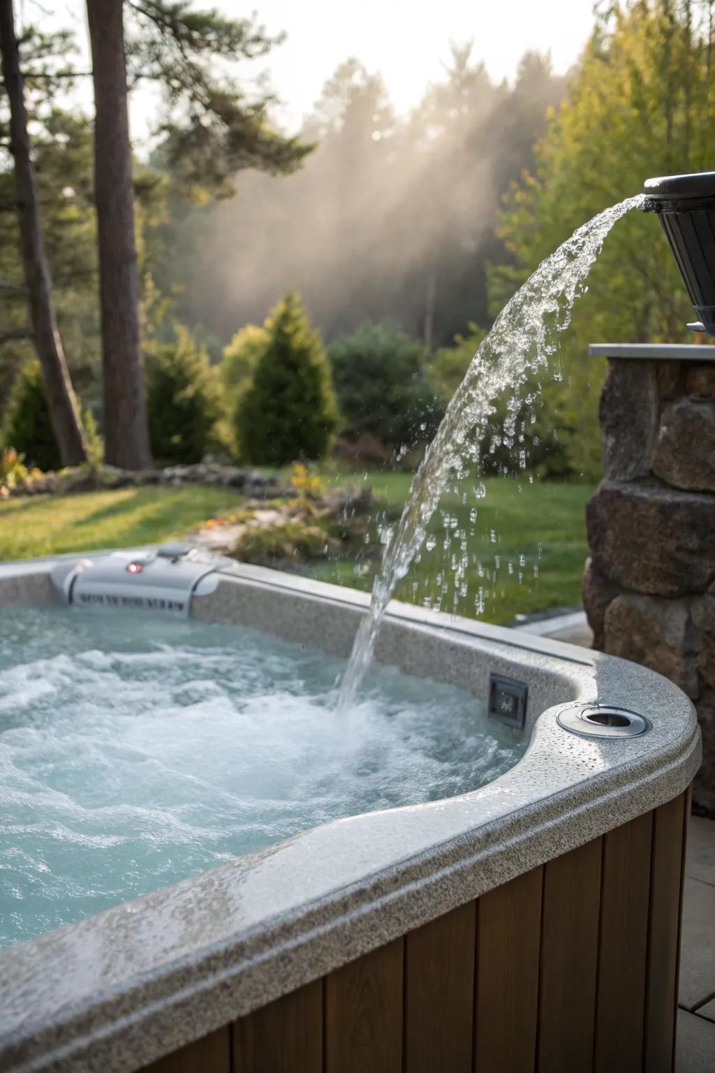 Water features add a soothing touch to the hot tub area.