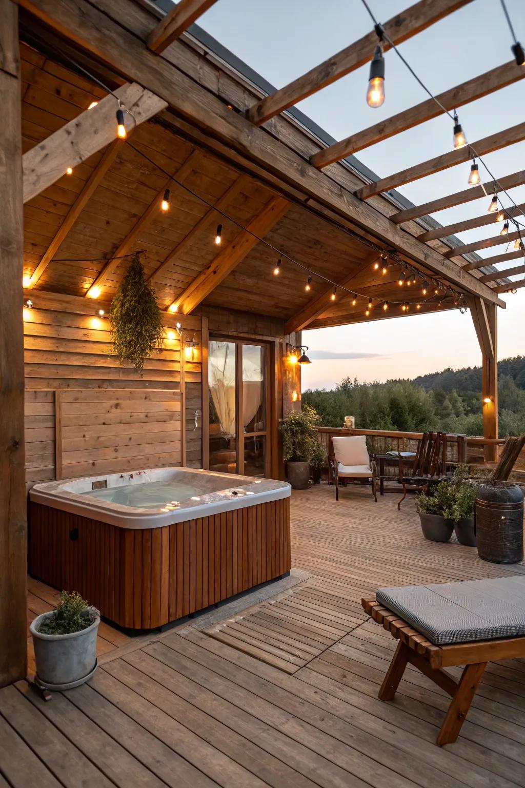 Rustic charm adds warmth and coziness to your hot tub patio.