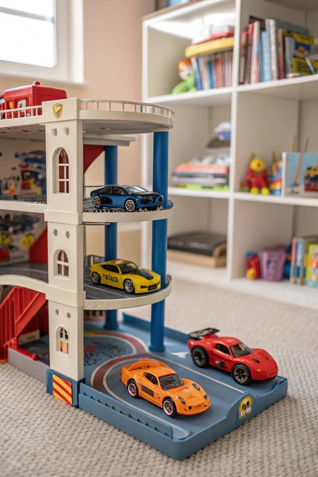 A toy car parking garage combines play and storage.