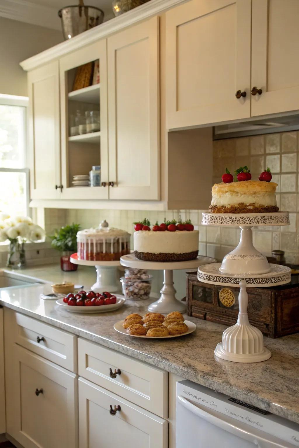 Cake stands add height and visual interest above kitchen cabinets.