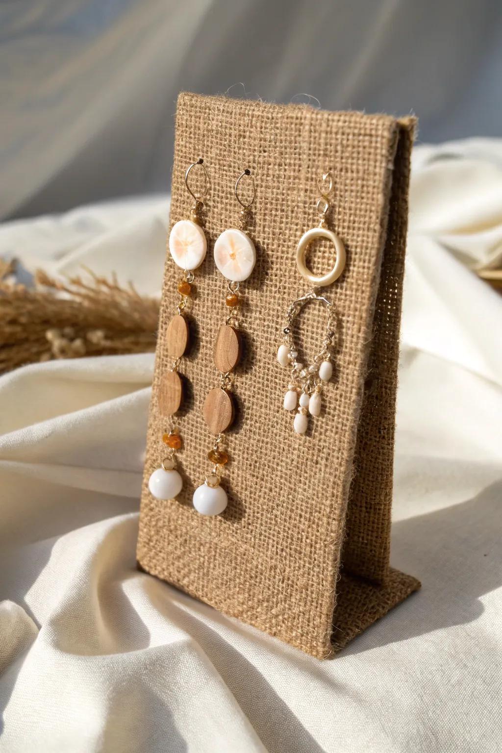 Showcase your earrings with rustic elegance: Burlap texture meets boho charm.