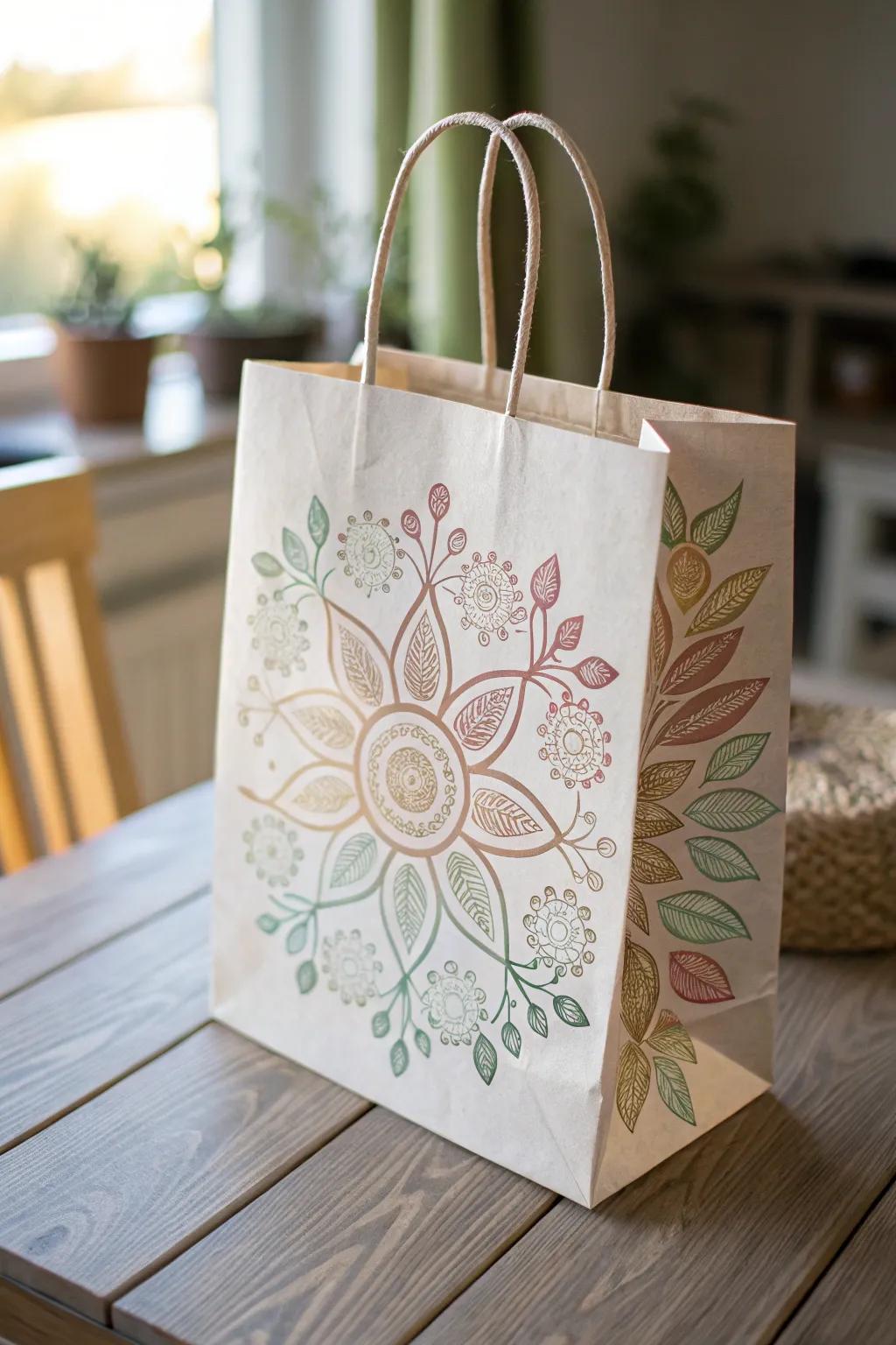 Elevate your paper bag game with stenciled floral patterns that blend minimalism and boho chic.